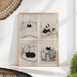 Cozy Black Cat in Four Panels Print