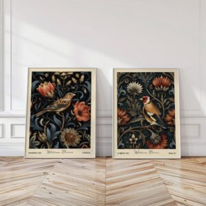 Dark Botanical Bird & Floral Print Set of 2