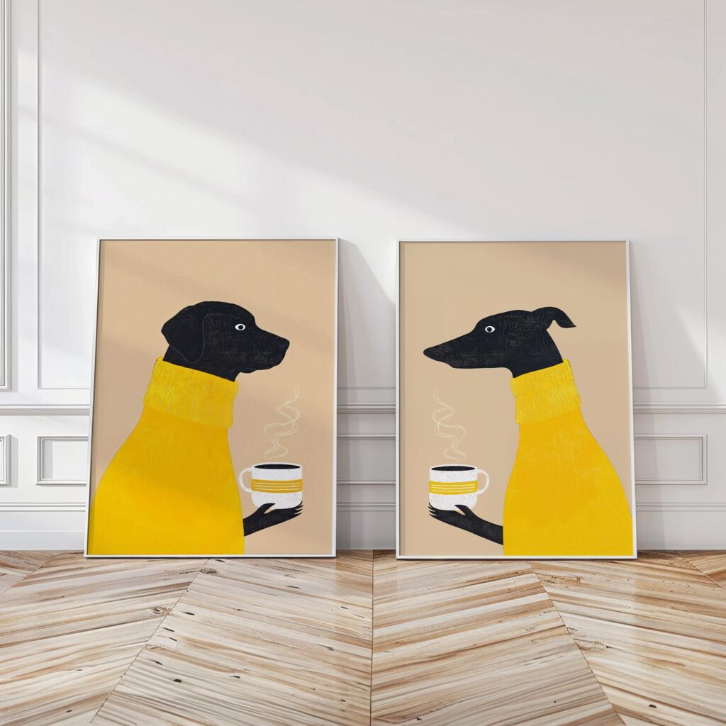 Dogs Drinking Coffee Art Print Set of 2 Dogs Drinking Coffee Art Print Set of 2
