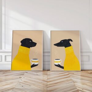 Dogs Drinking Coffee Art Print Set of 2
