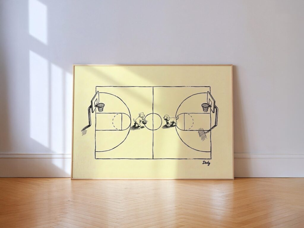 Dogs Playing Basketball Ink Sketch Print Dogs Playing Basketball Ink Sketch Print