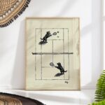 Dogs Playing Tennis Ink Drawing Vintage Style Print