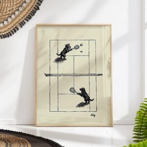 Dogs Playing Tennis Ink Drawing Vintage Style Print