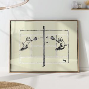 Dogs Playing Tennis Ink Drawing Whimsical Black Print