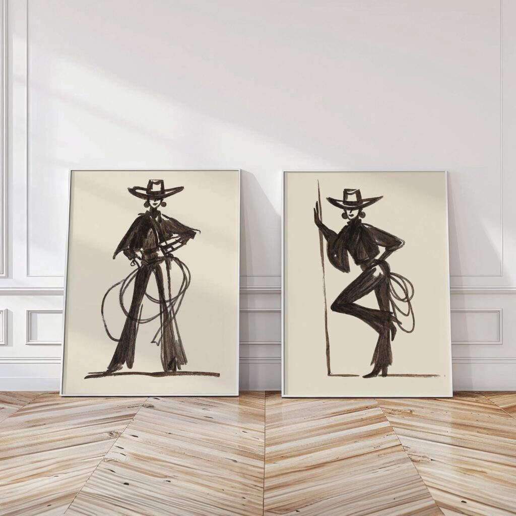 Fashion Cowgirl with Lassos Set of 2 - Brown Minimal Western Line Art Duo Fashion Cowgirl with Lassos Print Set of 2