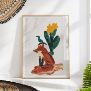Fox and Bird Desert Cactus Art Print