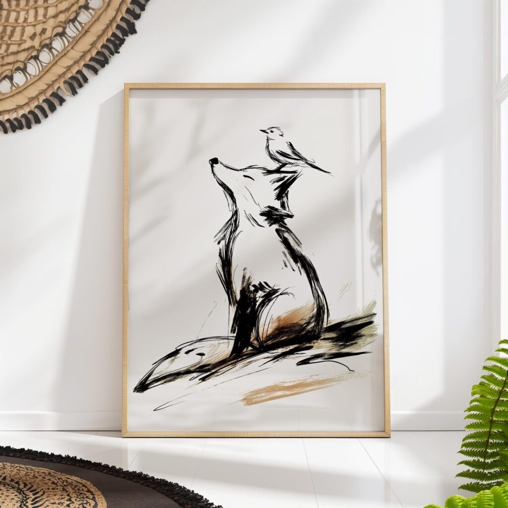 Fox and Bird Minimal Woodland Art Print Fox and Bird Minimal Woodland Art Print