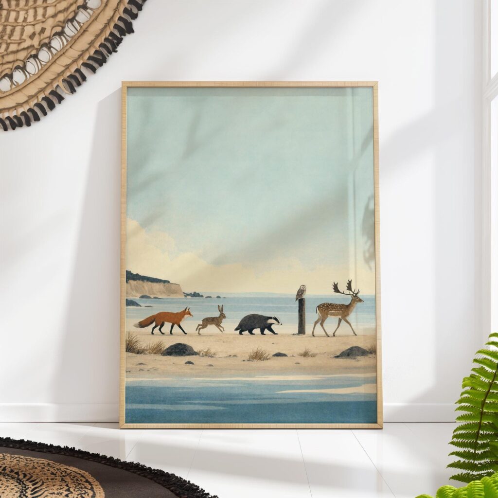 Fox Hare Badger Owl and Deer Walking Print