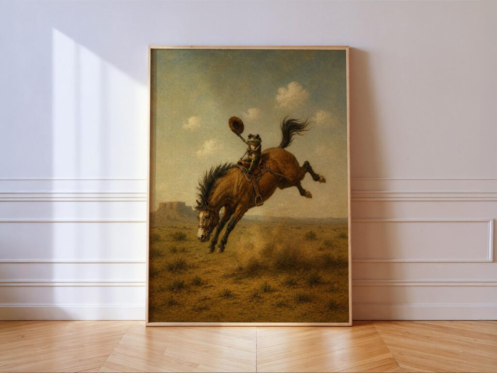 Frog Cowboy on a Bucking Bronco Print: Retro Western Wall Art Frog Cowboy on a Bucking Bronco Print