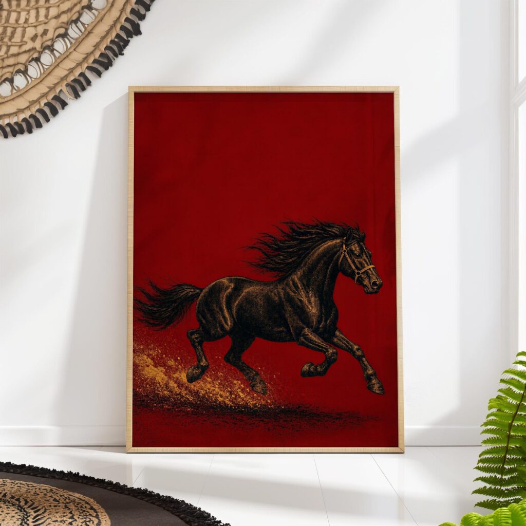 Galloping Black Horse on Deep Red Print Galloping Black Horse on Deep Red Print