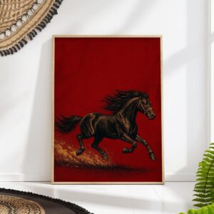 Galloping Black Horse on Deep Red Print