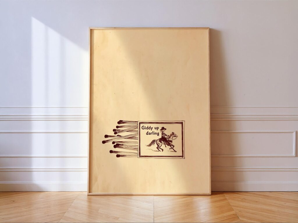 Giddy Up Darling Cowgirl Matchbox Print: Vintage Western Wall Art Giddy Up Darling Cowgirl Matchbox Print