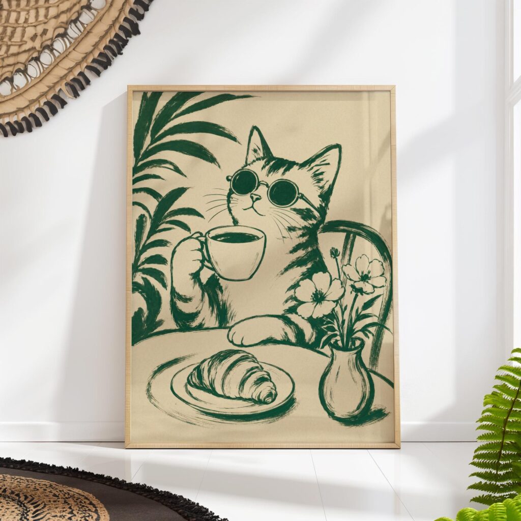 Green Coffee Cat Print Green Coffee Cat Print