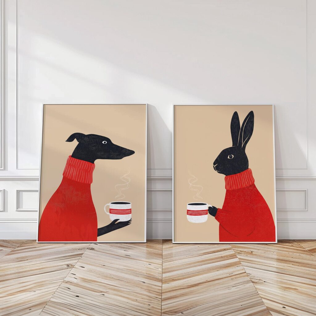 Greyhound and Rabbit Coffee Art Prints Set of 2