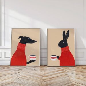 Greyhound and Rabbit Coffee Art Prints Set of 2