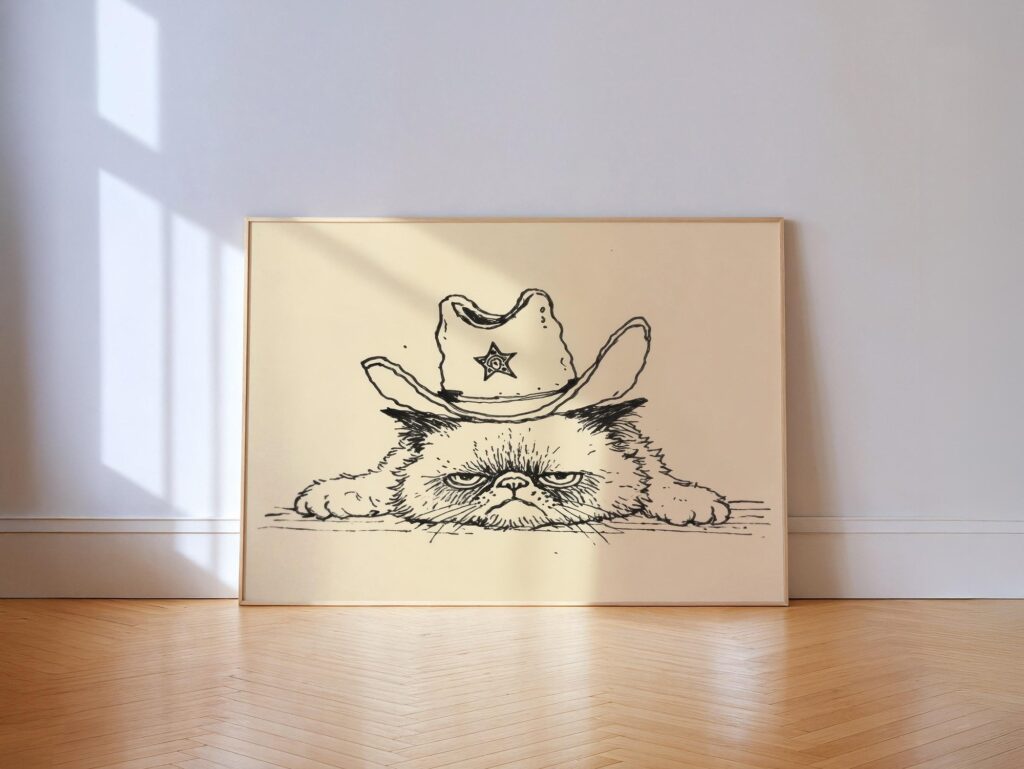 Grumpy Cowboy Cat Sheriff - Wry Black-Ink Line Art Print for Rustic Western Decor Grumpy Cowboy Cat Sheriff Print