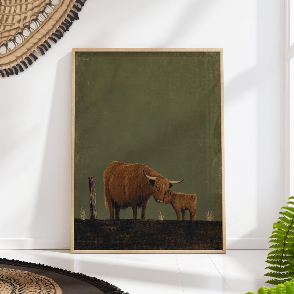 Highland Cow and Calf Nuzzling, Folk Art Mom and Baby Nursery Farmhouse Wall Art Highland Cow and Calf Nuzzling Print