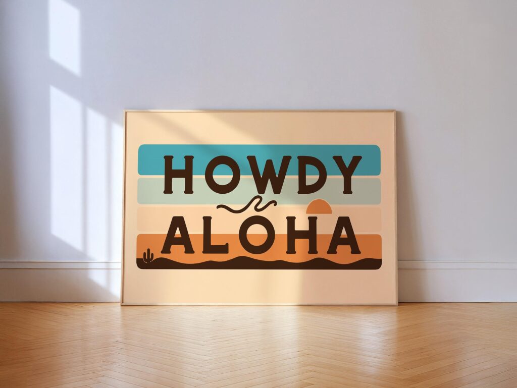 Howdy Aloha Typography Art Print Minimalist Wall Decor PRINTED & FRAMED Howdy Aloha Typography Art Print