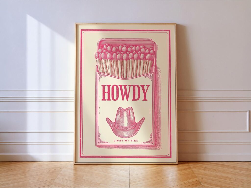 Howdy Matchbox Western Print, Cowboy Hat Wall Art, Retro Pink Poster For Bar Decor Howdy Matchbox Western Print