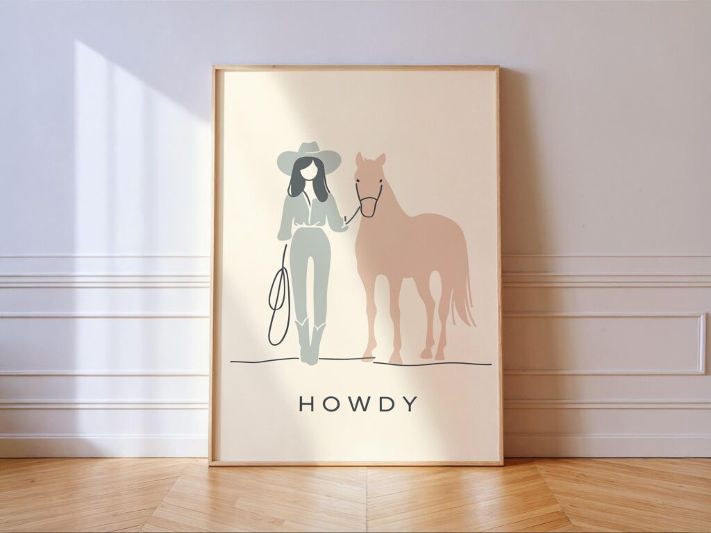 Howdy Print Cowgirl Poster Minimalist Horse Western Decor PRINTED & FRAMED Howdy Cowgirl Minimalist Print