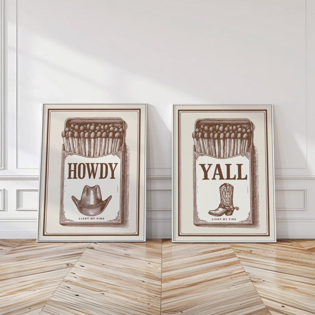 Howdy Yall Western Matchbox Art Print Set Cowboy Hat Boot Rustic Wall Decor Gift Howdy Yall Western Matchbox Art Print Set