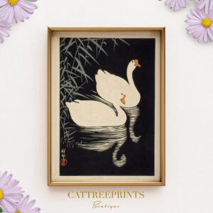 Japanese Swans Print Bird Art Japandi Decor Signed Ohara