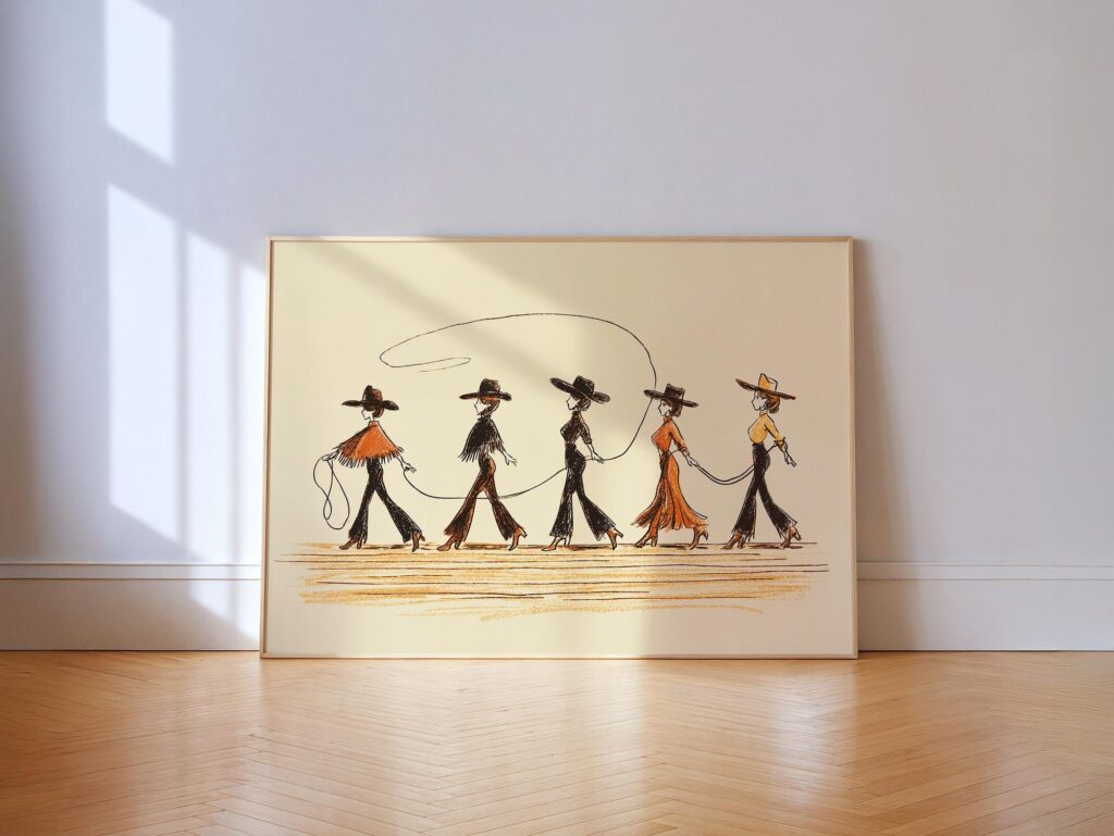 Line Dancing Cowgirls Art Print - Western Wall Art, Boho Cowgirl Decor Line Dancing Cowgirls Art Print