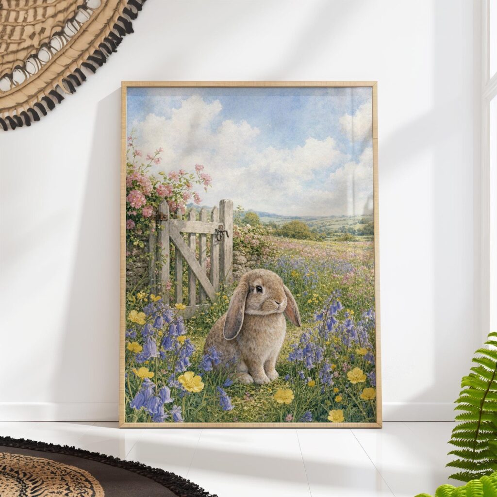 Lop Eared Bunny in a Bluebell Wildflower Meadow Print Lop Eared Bunny in a Bluebell Wildflower Meadow Print