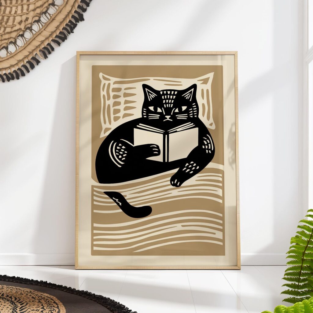 Mid Century Cat Reading Print Mid Century Cat Reading Print