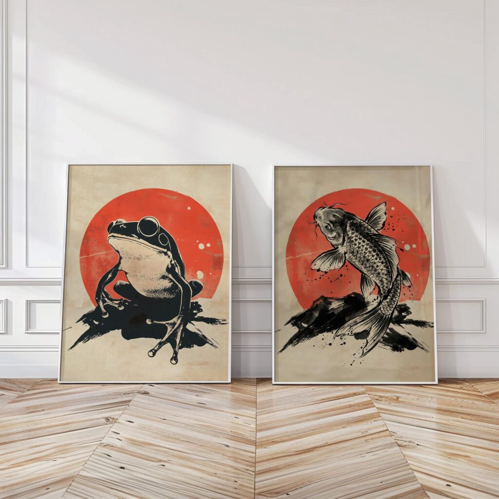 Mid Century Frog and Koi Fish Print Set