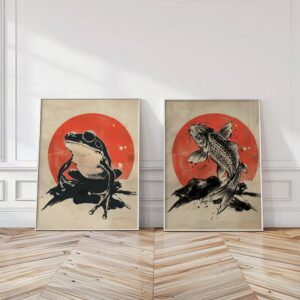 Mid Century Frog and Koi Fish Print Set