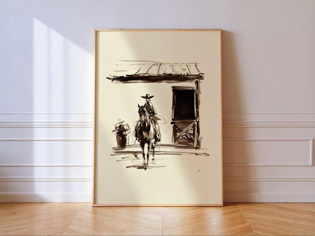Minimal Western Cowgirl Horse Sketch Wall Print Ranch Cabin Decor Rustic Southwest Art Gift Minimal Western Cowgirl Horse Sketch Wall Print