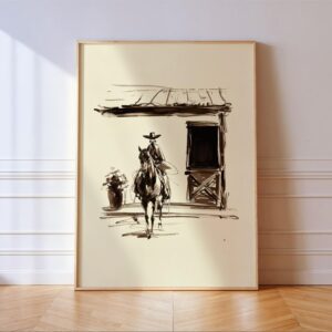 Minimal Western Cowgirl Horse Sketch Wall Print
