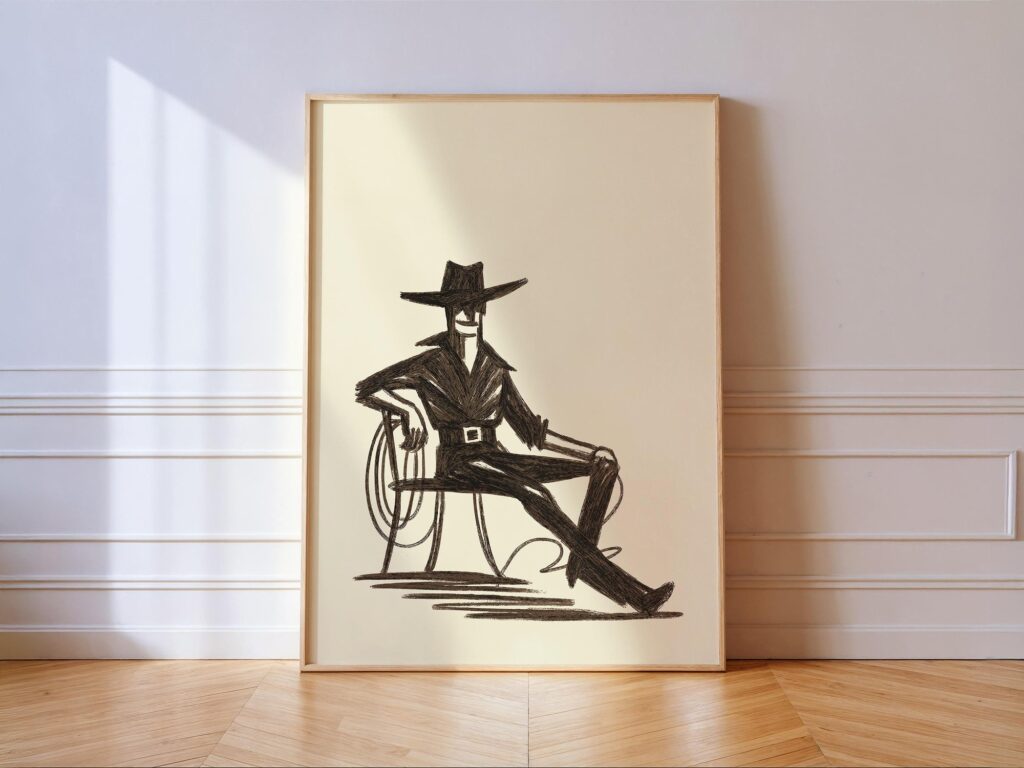 Minimalist Cowboy Sketch Art Print - Rustic Western Wall Decor - Neutral Vintage Ranch Minimalist Cowboy Sketch Art Print