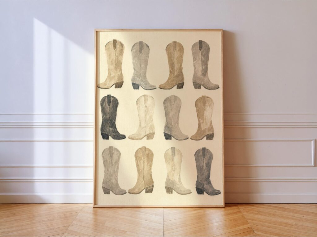 Neutral Cowgirl Cowboy Boots Print, Western Boho Wall Art Neutral Cowgirl Cowboy Boots Print