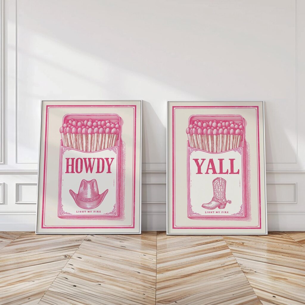 Pink Western Matchbox Howdy Yall Retro Art Print Set For Texas Cowgirl Decor Gift Pink Western Matchbox Howdy Yall Retro Art Print Set