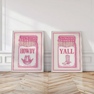 Pink Western Matchbox Howdy Yall Retro Art Print Set