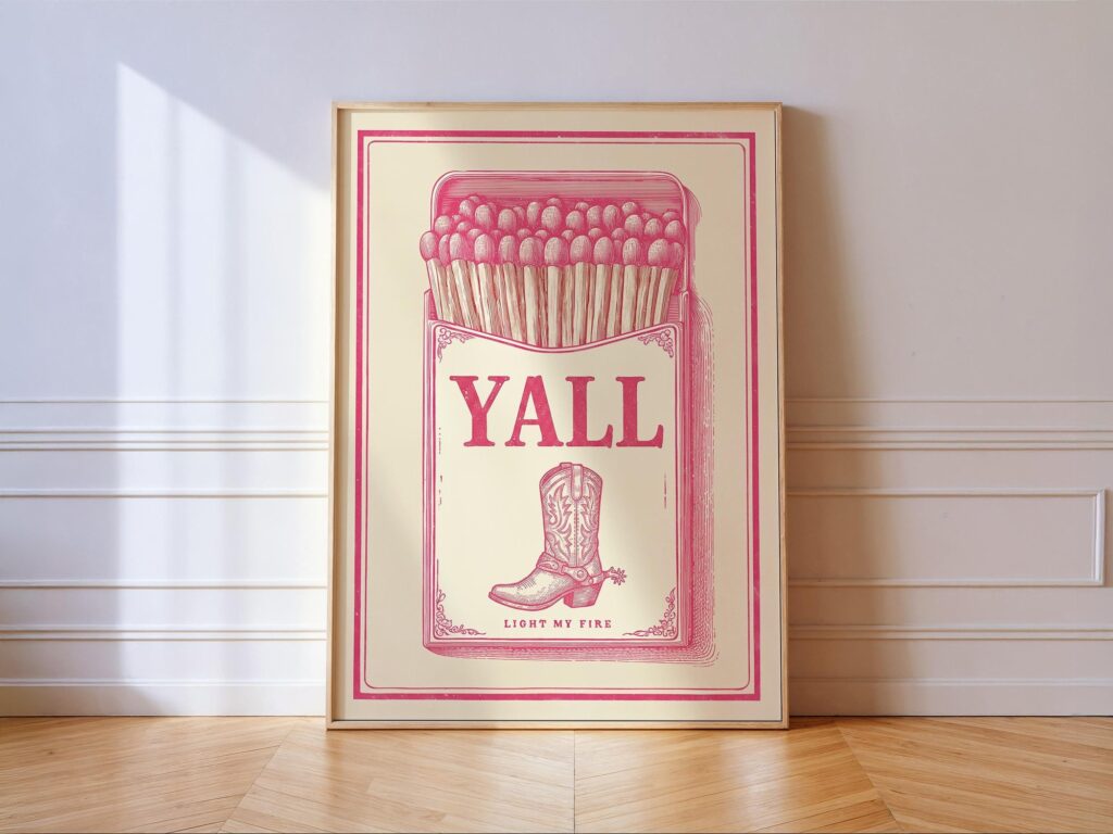 Pink Yall Cowgirl Boot Matchbox Art Print, Western Decor Pink Yall Cowgirl Boot Matchbox Art Print