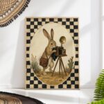 Rabbit Photographer with Antique Camera on Checkerboard Print