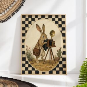 Rabbit Photographer with Antique Camera on Checkerboard Print