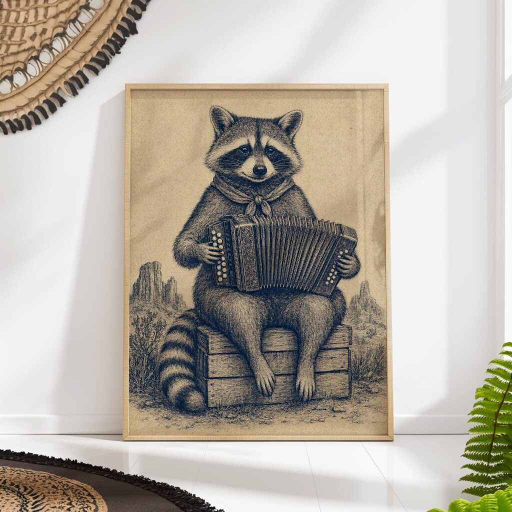 Raccoon Playing an Accordion in the Desert Print Raccoon Playing an Accordion in the Desert Print