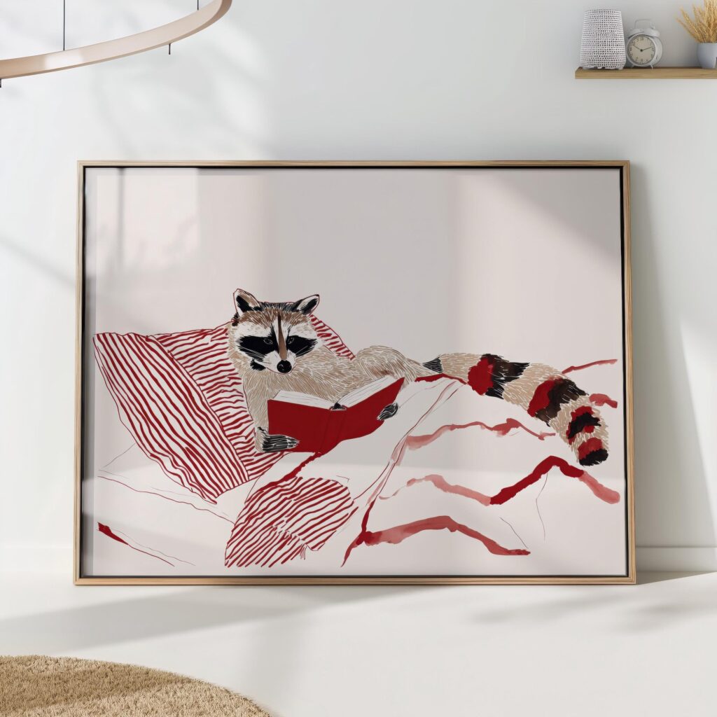 Raccoon Reading Book Illustration Art Print