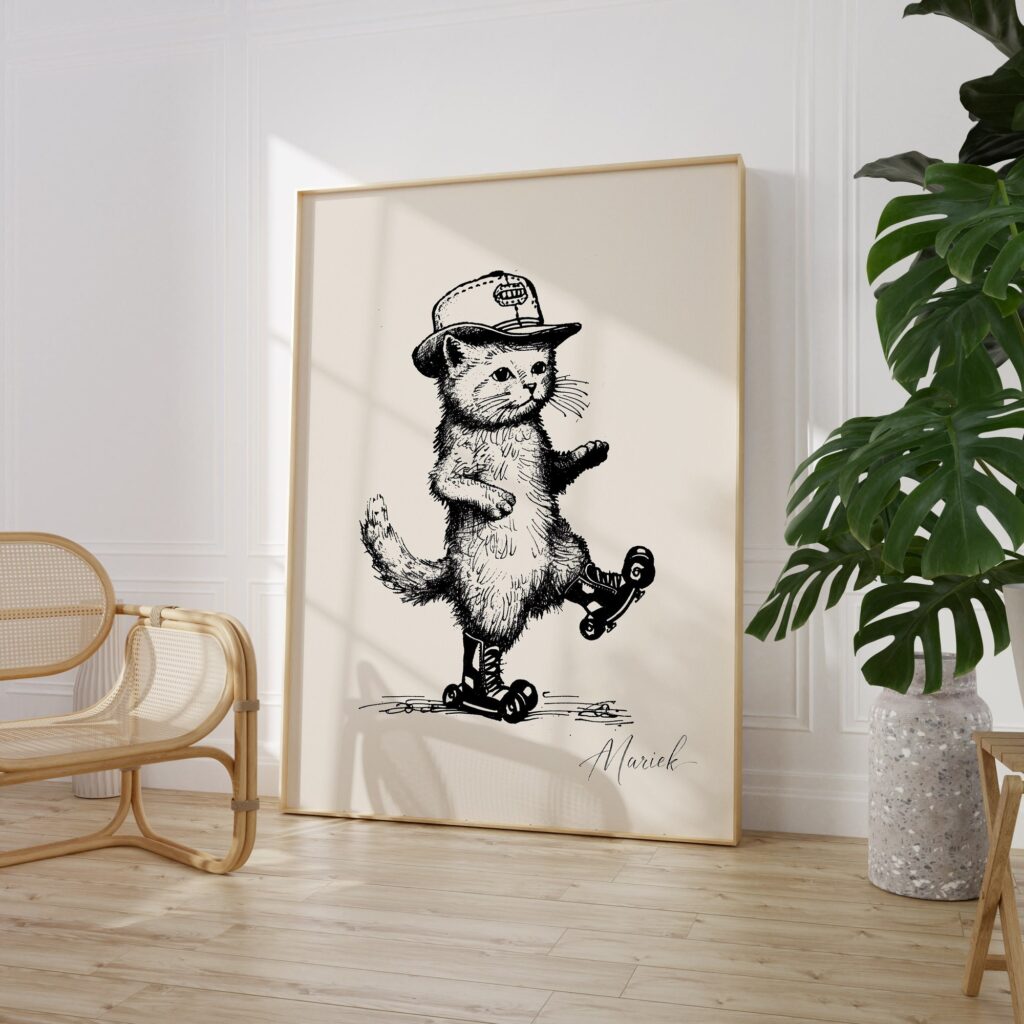 Retro Cat Roller Skates Art Print