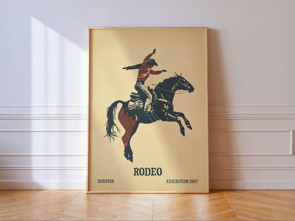 Rodeo Cowboy Art Print - Bucking Bronco Western Vintage Poster - Horse Rider Wall Art Gift Rodeo Cowboy Art Print