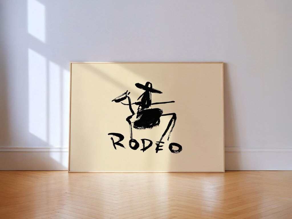 Rodeo Horse Rider Black Ink Wall Art - Minimalist Western Sketch Cowboy Decor Rodeo Horse Rider Black Ink Wall Art