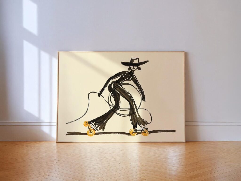 Roller Skating Cowgirl Print - Playful Modern Western Line Art Roller Skating Cowgirl Print