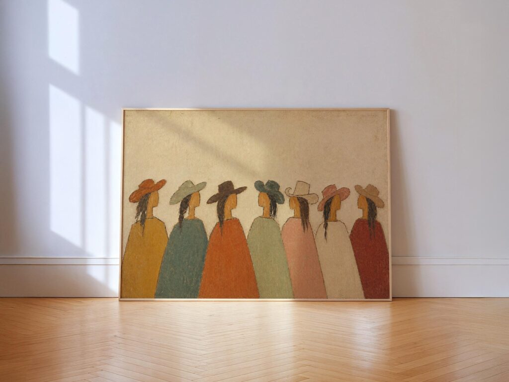 Row of Cowgirls in Colorful Hats, Muted Western Folk Art Painting Wall Print Row of Cowgirls in Colorful Hats Print