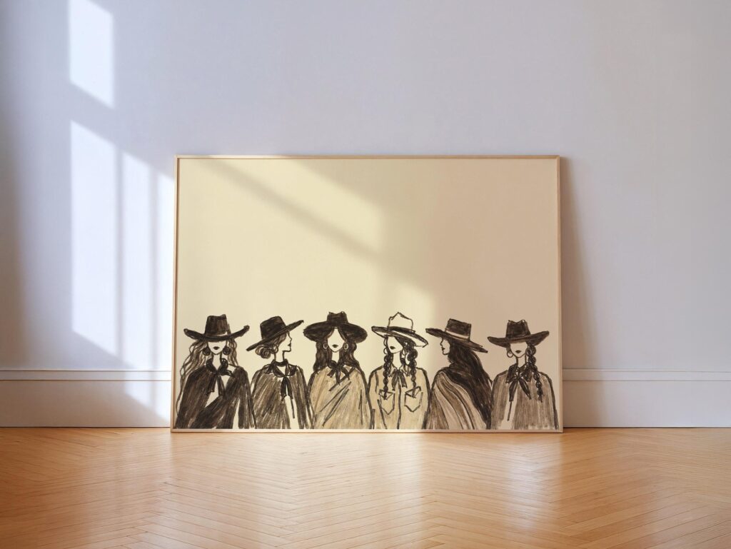 Row of Cowgirls in Hats Charcoal Sketch, Black and Cream Western Wall Art Row of Cowgirls in Hats Charcoal Sketch Print