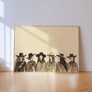 Row of Cowgirls in Hats Charcoal Sketch Print