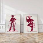 Set of 2 Red Burgundy Cowgirl Sketches Print